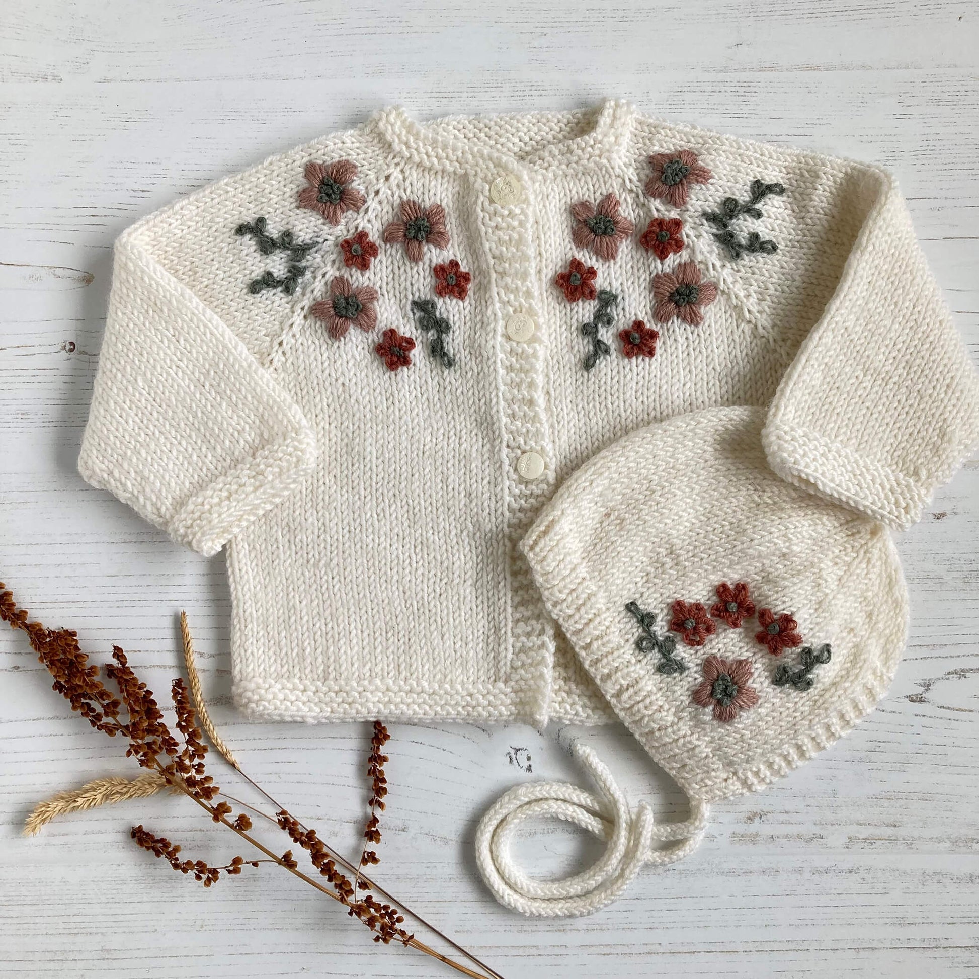 baby bonnet and cardigan knitting pattern with flower embroidery