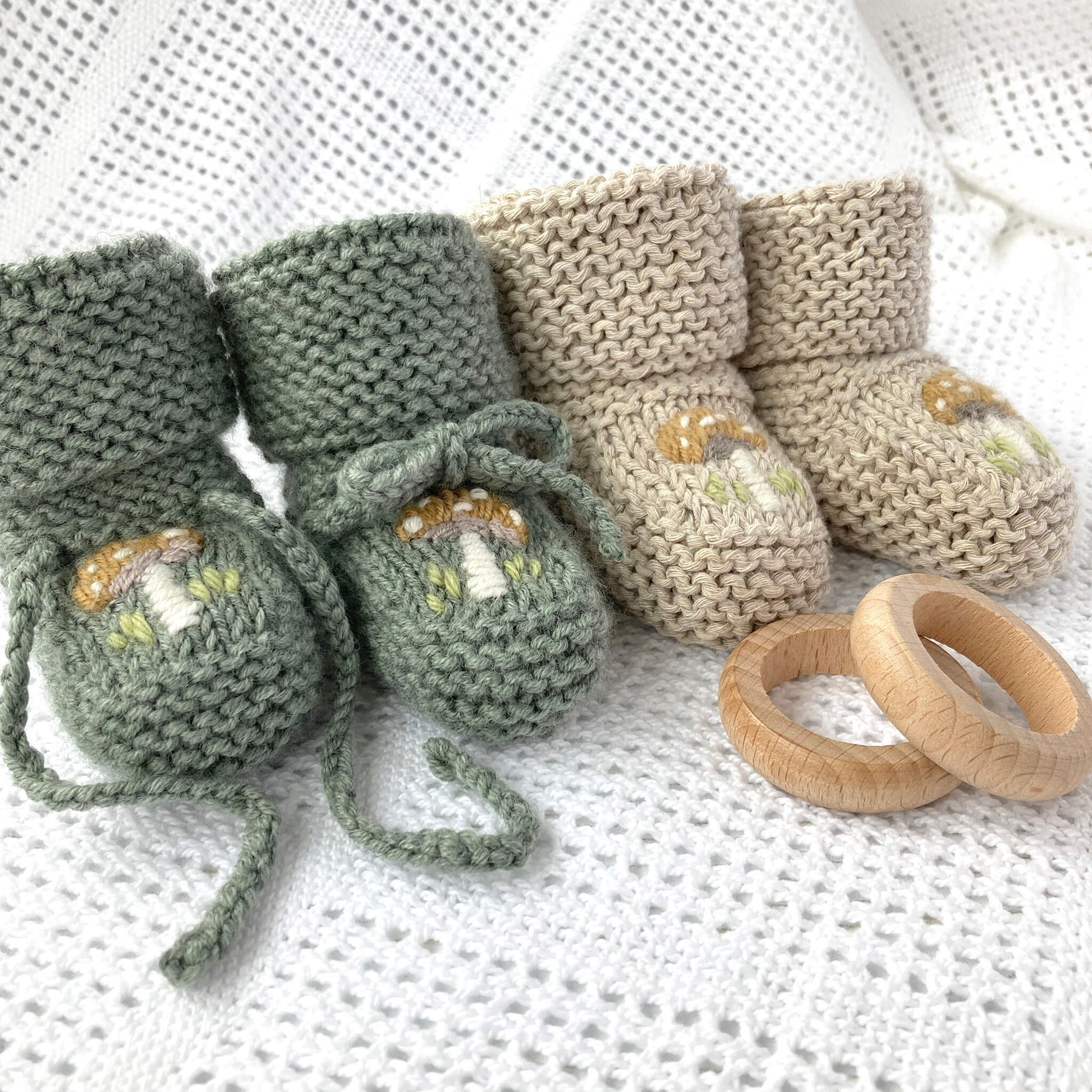 baby booties knitting pattern with toadstool embroidery