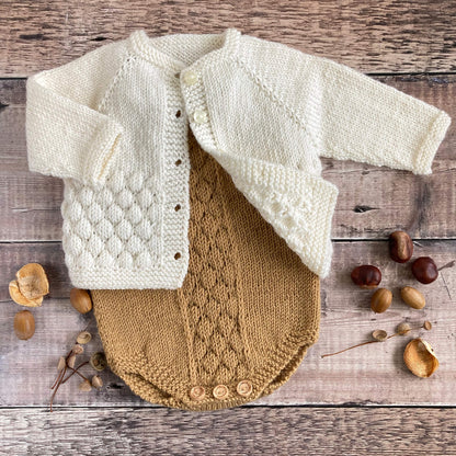 baby cardigan and romper knitting patterns in bubble stitch