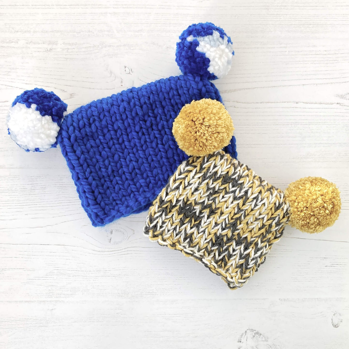 an easy baby hat knitting pattern shown in blue and mustard