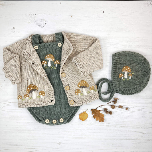 Knitting Pattern Bundle With Embroidery - TOADSTOOLS CARDIGAN, ROMPER & BONNET