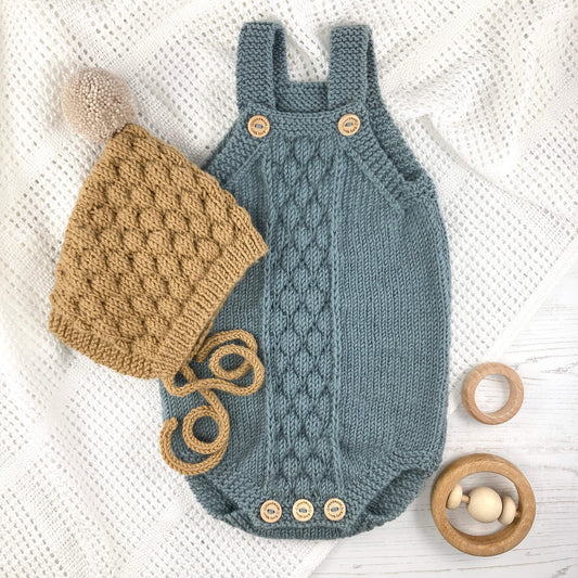 knitting patterns for a baby romper and pixie hat knit with bubble stitch pattern