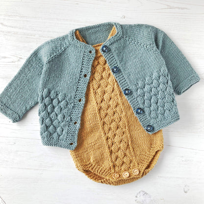 bubble stitch baby knitting patterns for a cardigan and romper