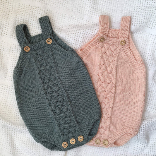 bubble stitch baby romper knitting pattern samples in blue and pink