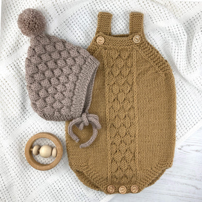 bubble stitch knitting pattern for a baby romper and pixie hat