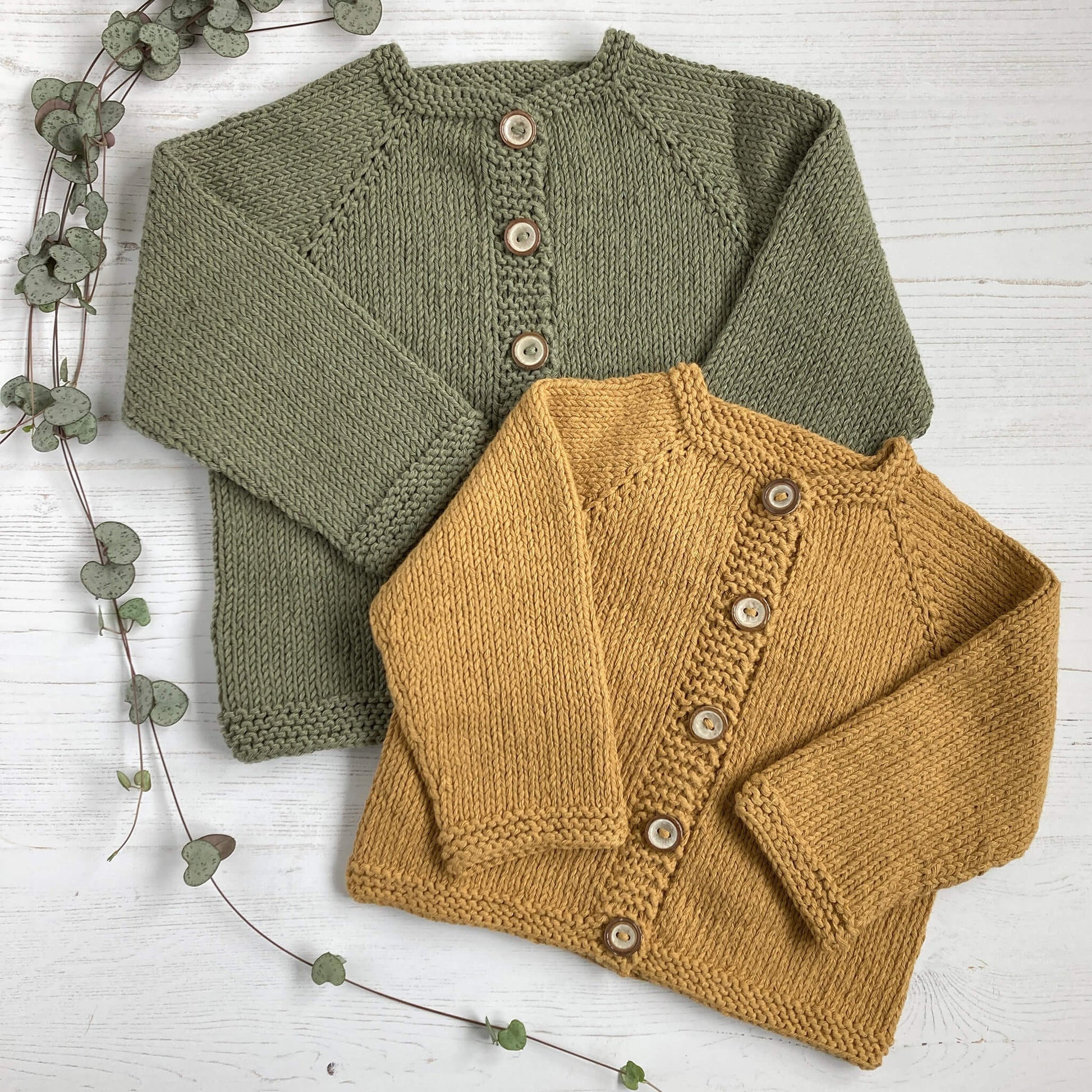 Two samples for an easy top down baby cardigan knitting pattern