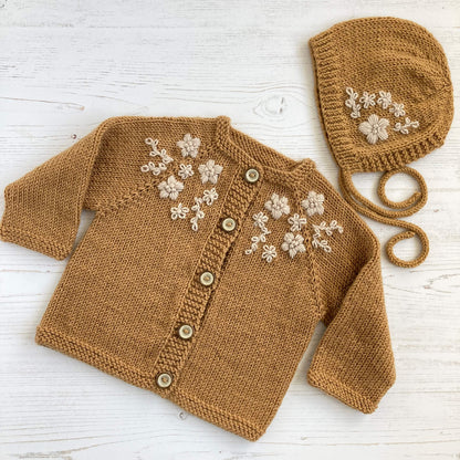 knitting patterns for flower embroidered cardigan and bonnet