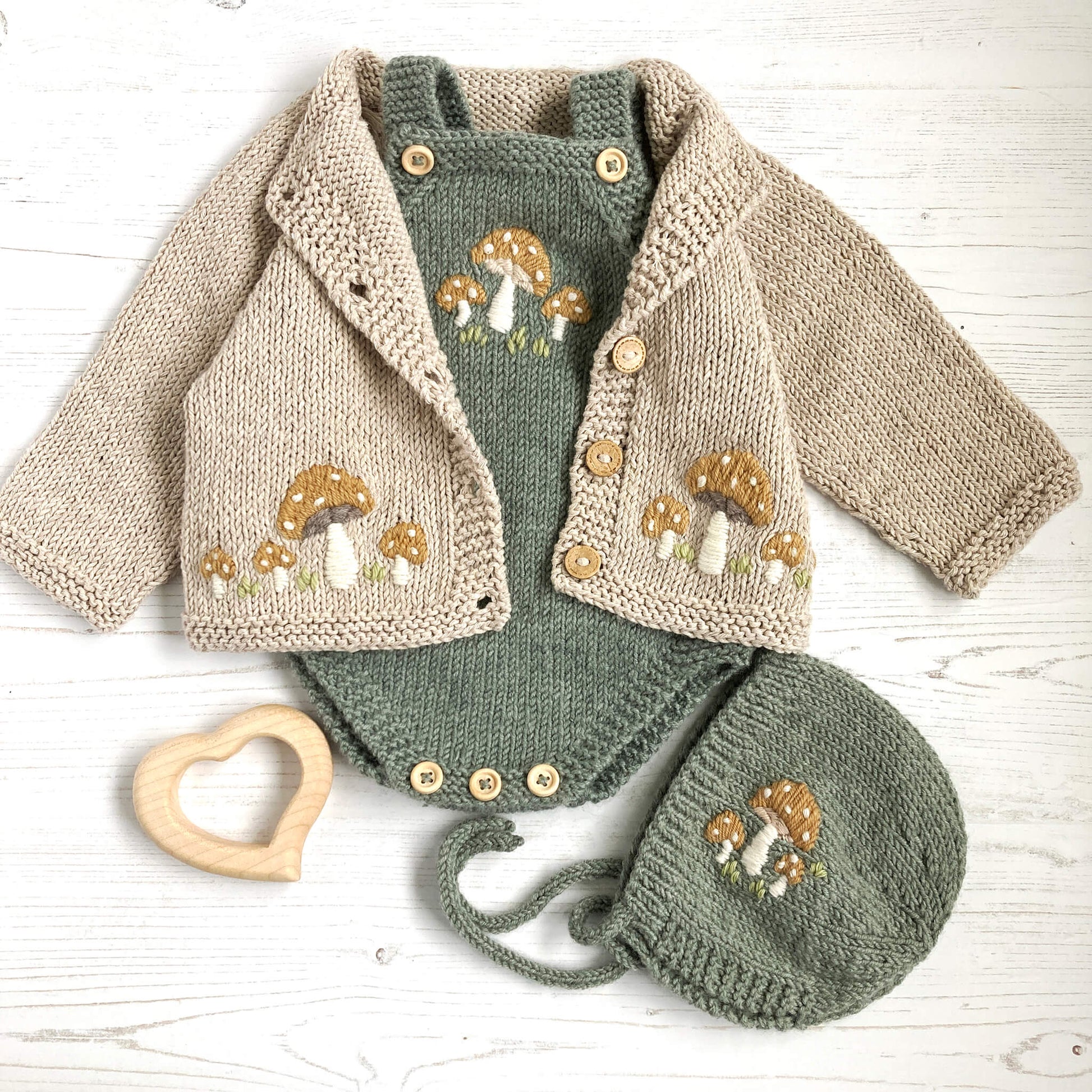 knitting patterns for baby outfit with mushroom embroidery