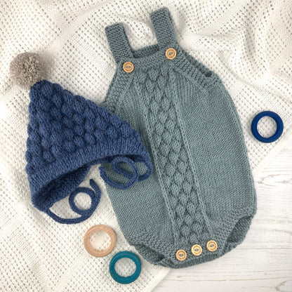 a bubble stitch baby romper and pixie hat knitting pattern 